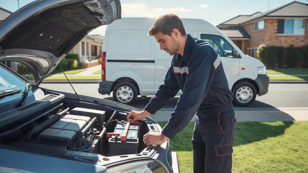 Mobile car battery replacement technician fitting a new battery at the roadside in Brisbane